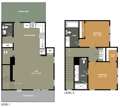 A floor plan shows a two-story home with a private yard, kitchen, dining area, two bedrooms, and a front porch.